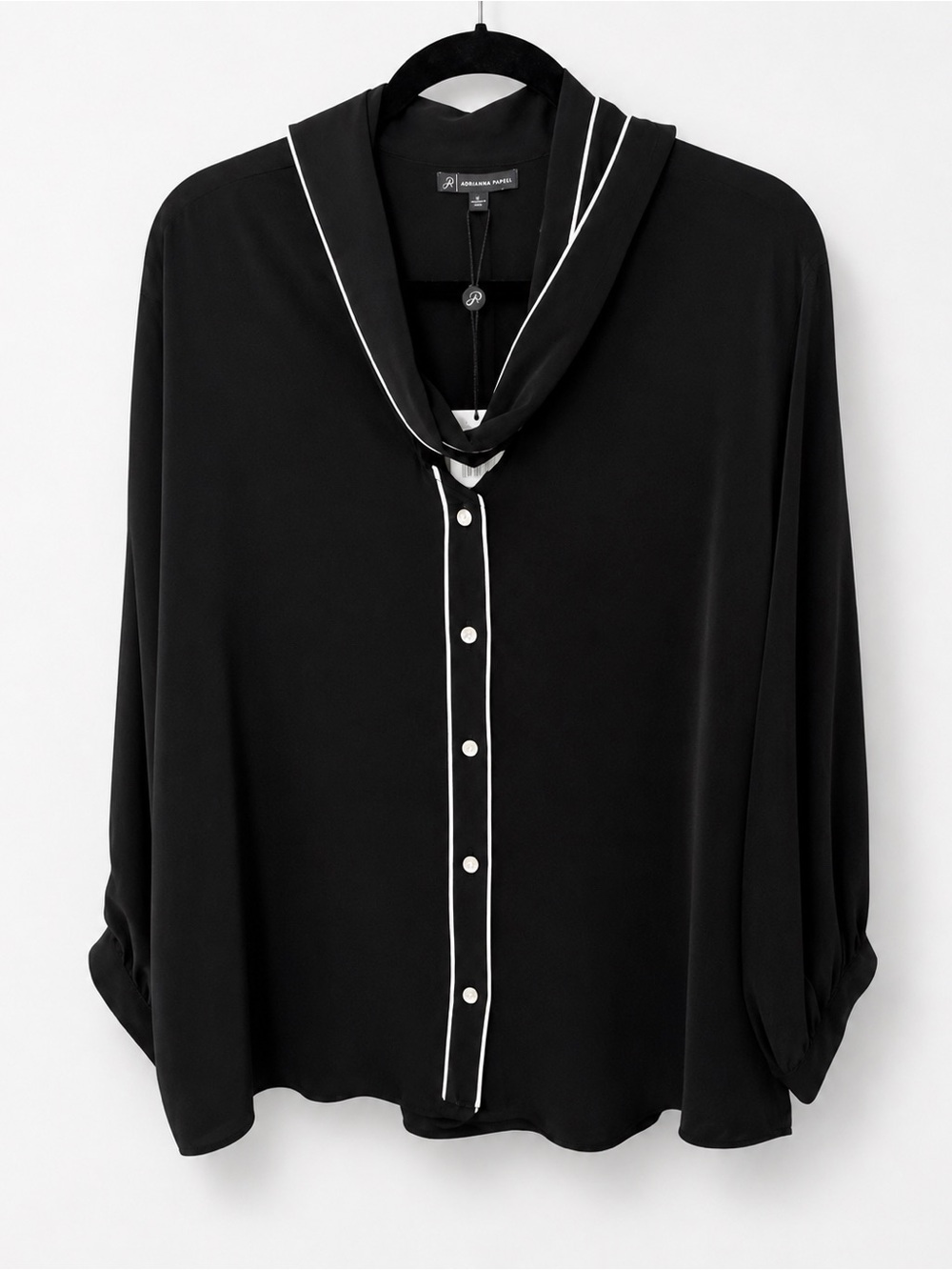 Adrianna Papell Black Button-Front Blouse with White Piping